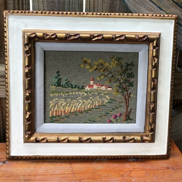 Vintage Framed Needlepoint of Distant Farm, a Field & Yellow Flowering Trees